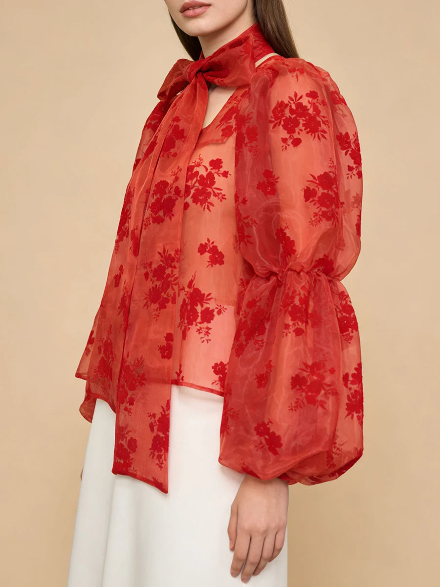 Elegant Floral Printing Chiffon Shirt for Women Scarf Collar Hollow Out Design Puff Sleeve Sheer Mesh Sexy Blouse Female New