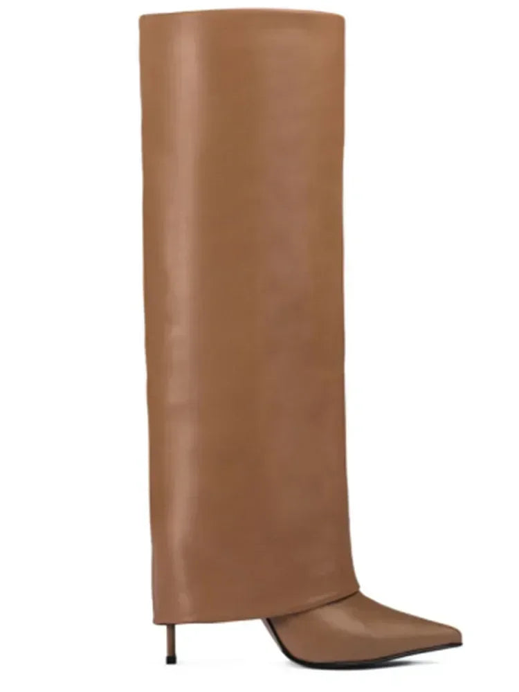 Autumn and Winter New Women's Knee High Leather Boots, Pointed Thin High-heeled Skirt Boots, Black Plus Size Long Boots