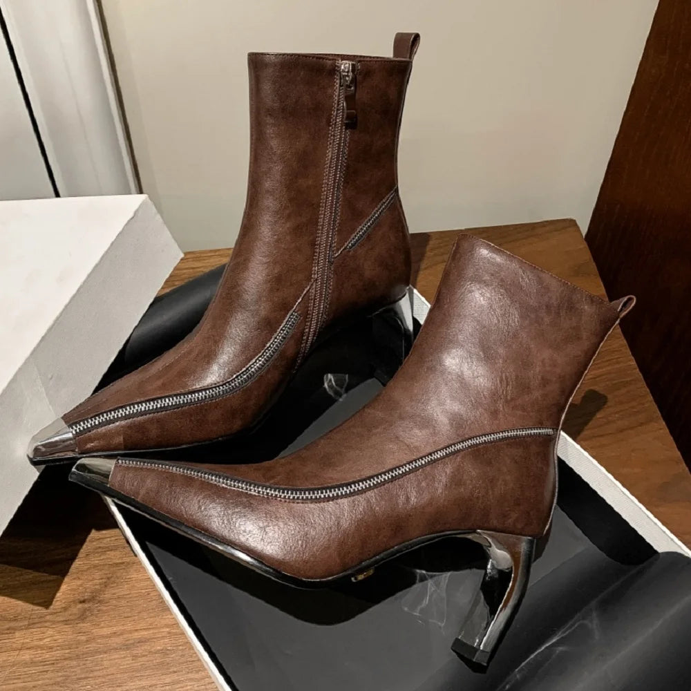 New Brand Handmade Sexy Genuine Leather Female Pointed Toe Zipper Boots Mid Heels Ankle Boots 33-40