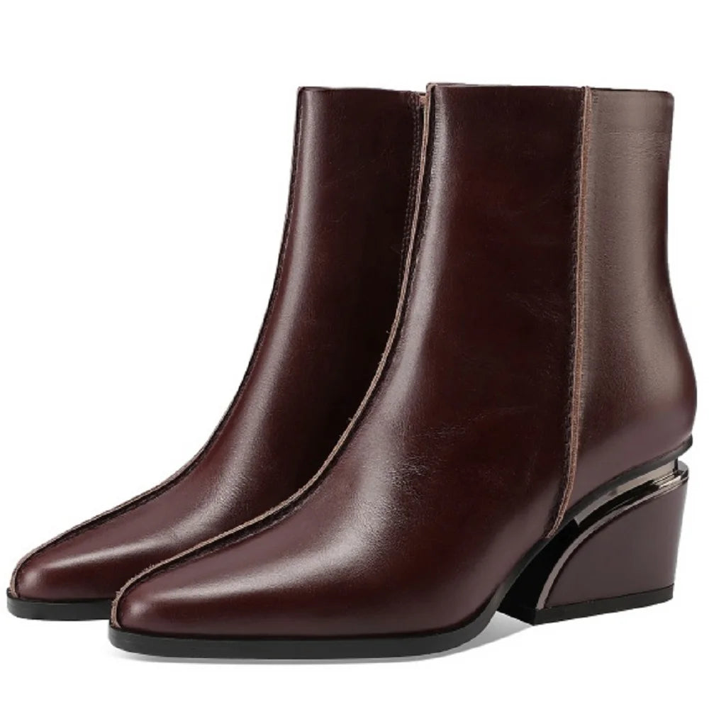Newest High Heels Women Short Boots Elegant Square Toe Office Lady Shoes Genuine Leather Side Zipper Shoes 33-43