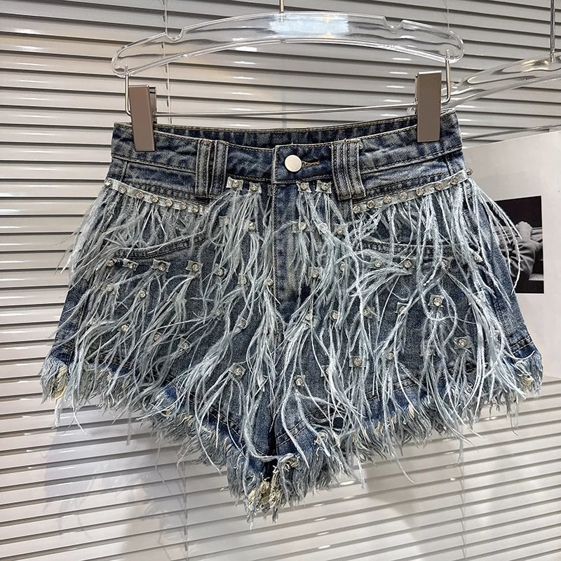 2026 Autumn New Street Style Heavy Industry Rivet Denim Jacket For Women Feather Beaded Wide-leg Shorts Female 11A06375