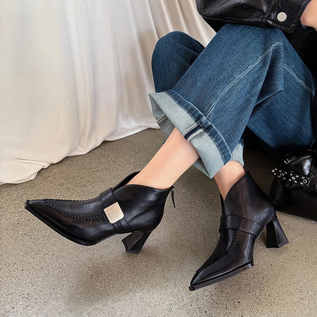 New Handmade Genuine Leather Soft and comfortable Pointed Toe Boots Chunky High Heels Shoes Ankle Boots 33-40