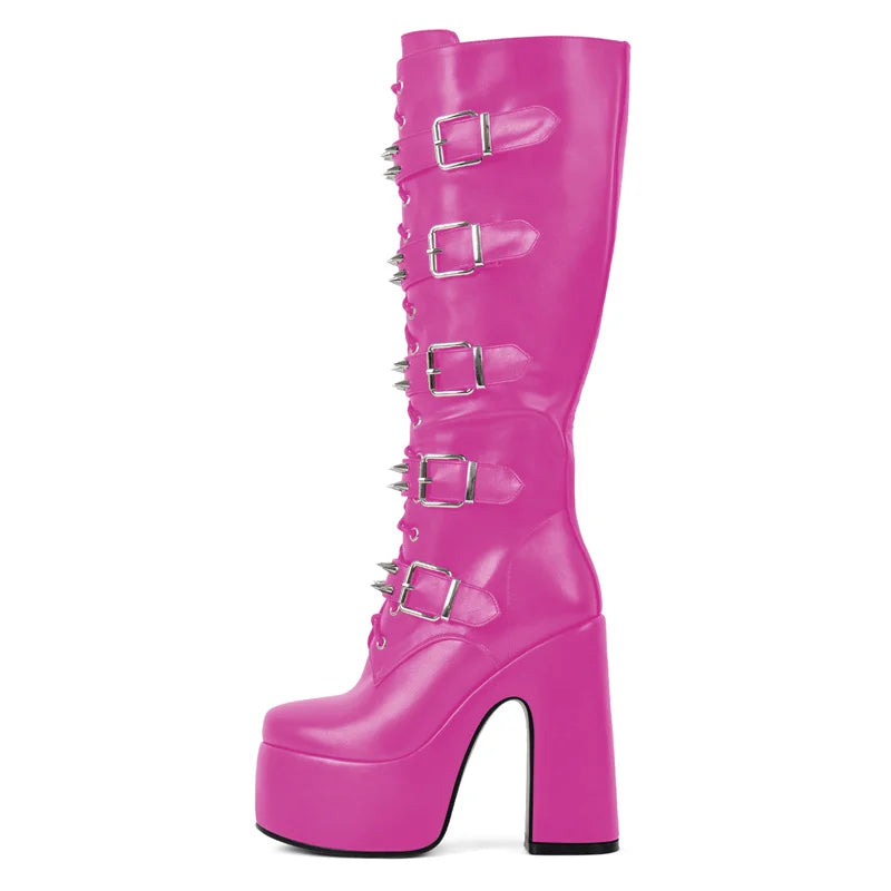 Onlymaker Round Toe Platform Boots Chunky Heel Buckle Gothic Boots Side Zipper Rock Couples Cosplay Biker Punk Boots
