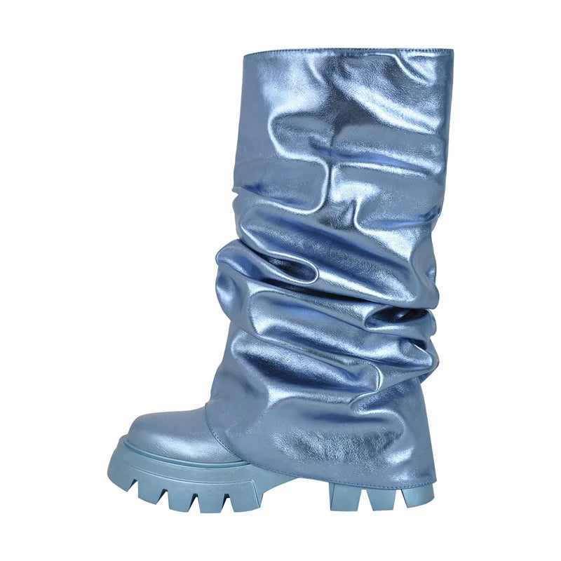 Onlymaker Women Platform  Pleated Fold Over Boots Round Toe Handmade Female Fashion Mid-Calf Boots