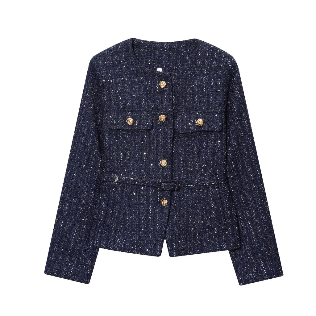 Korean commuter textured jacket for women with autumn and winter sequins and gold buttons side pockets round neck jacket