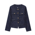 Korean commuter textured jacket for women with autumn and winter sequins and gold buttons side pockets round neck jacket