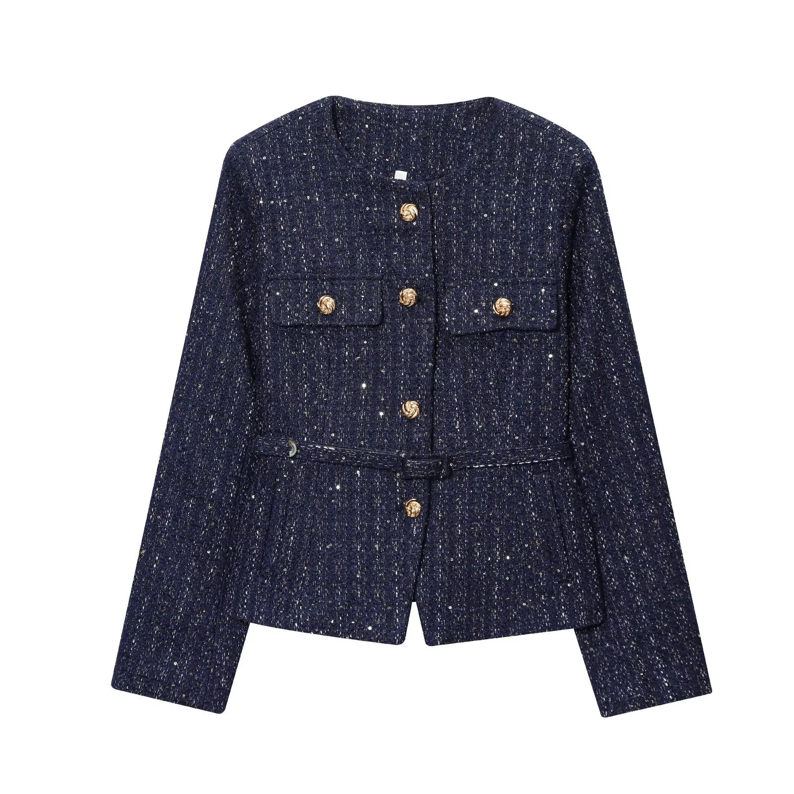 Korean commuter textured jacket for women with autumn and winter sequins and gold buttons side pockets round neck jacket