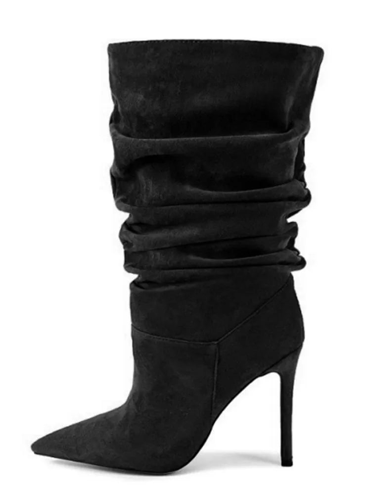 2026 Women's Autumn and Winter New Pleated High-heeled Short Boots with Pointed Sleeves, Women's 35-47 Large Mid Length Boots