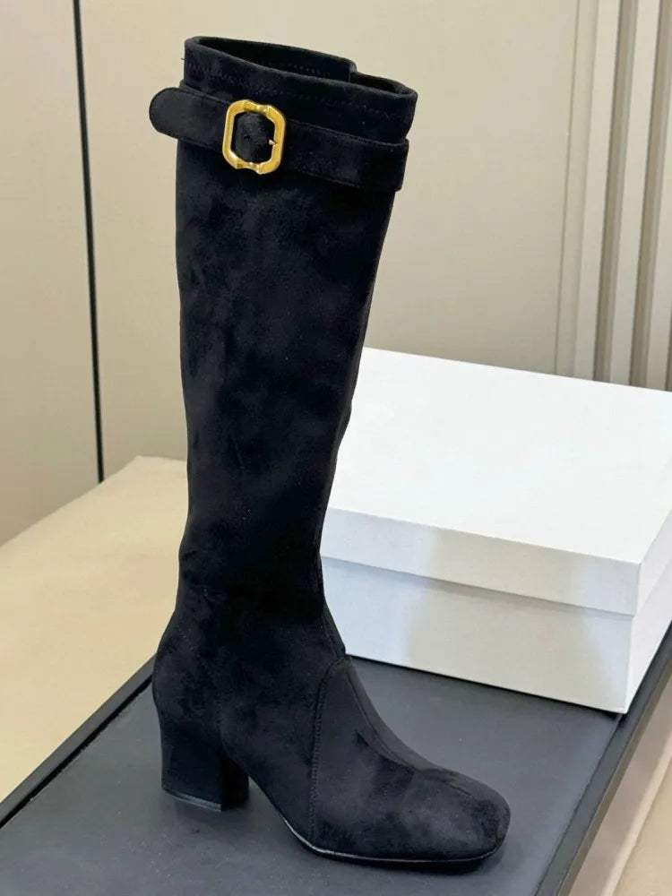 Women's New Thick High Heels Knee High Boots Autumn and Winter Round Toe Buckle Fashionable Mid Heel Boots Women's Short Boots