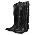 Onlymaker Women Pointed Toe Fringe Pull-on Knee High Boots Comfy Pull On Mid Calf Chunky Heel Embroidered Western Boots
