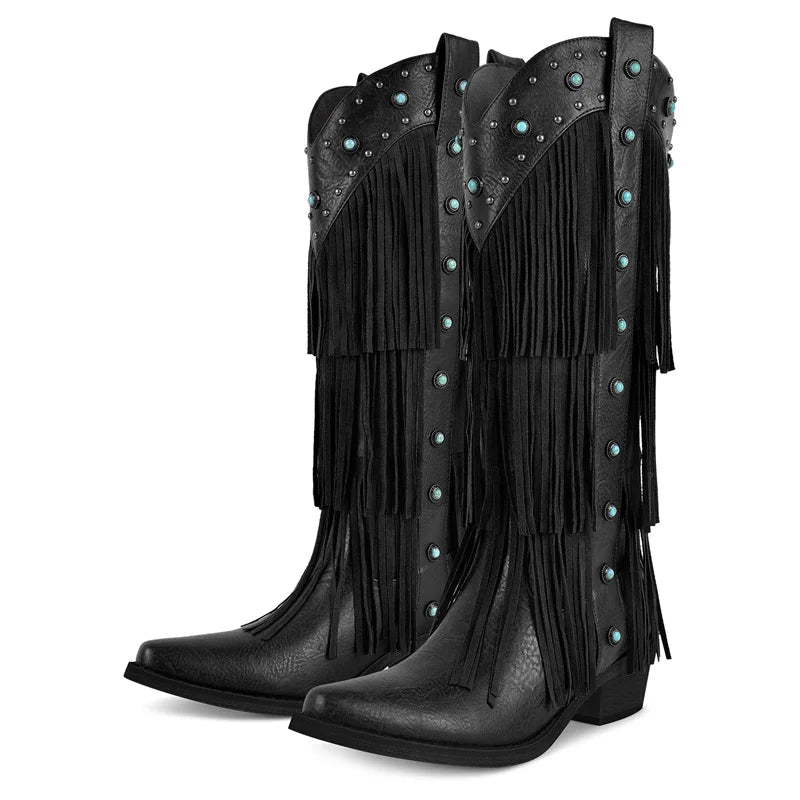 Onlymaker Women Pointed Toe Fringe Pull-on Knee High Boots Comfy Pull On Mid Calf Chunky Heel Embroidered Western Boots