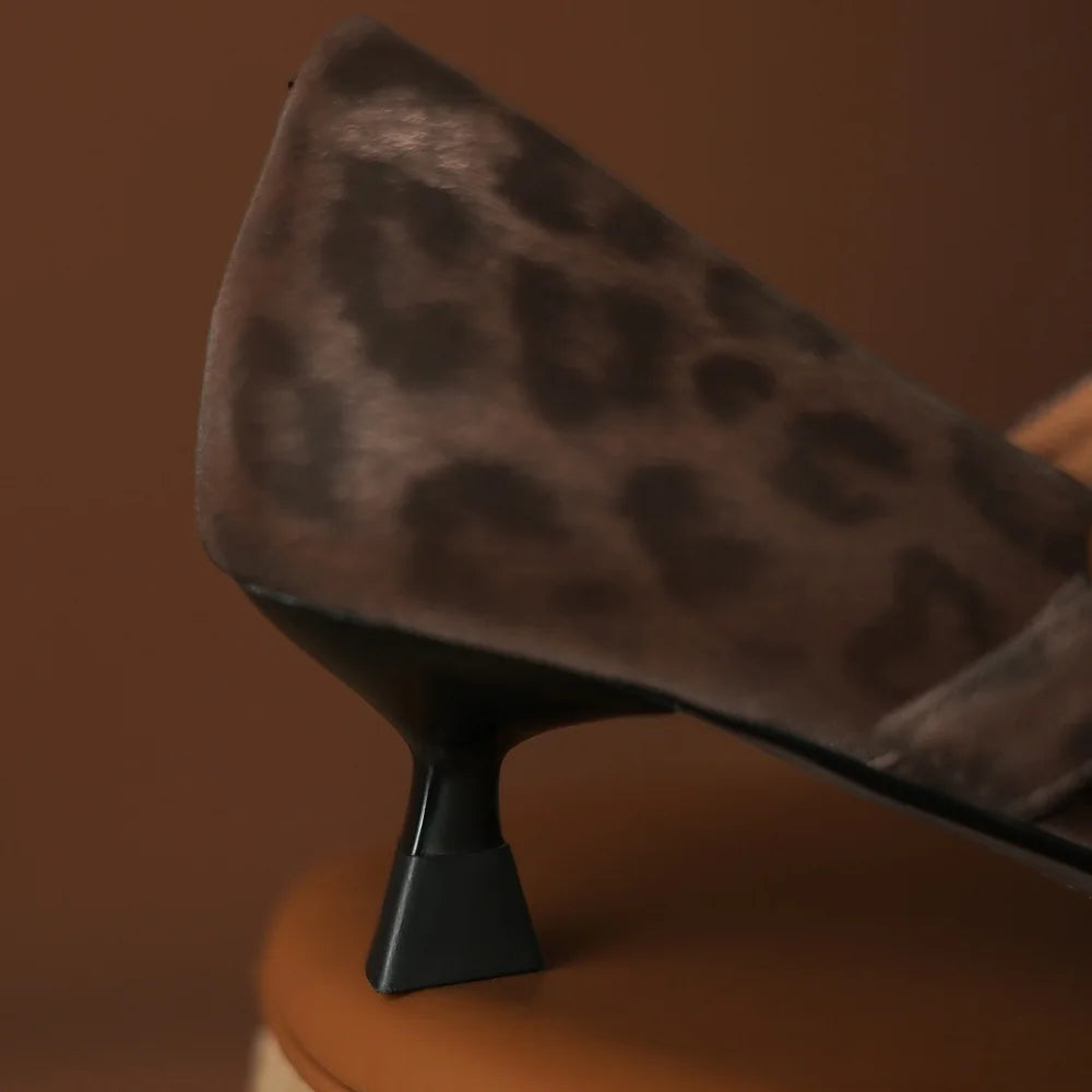 new women's leopard Handmade sheepskin 4cm thick med heel elegant ladies OL style daily dress heeled shoes 34-40