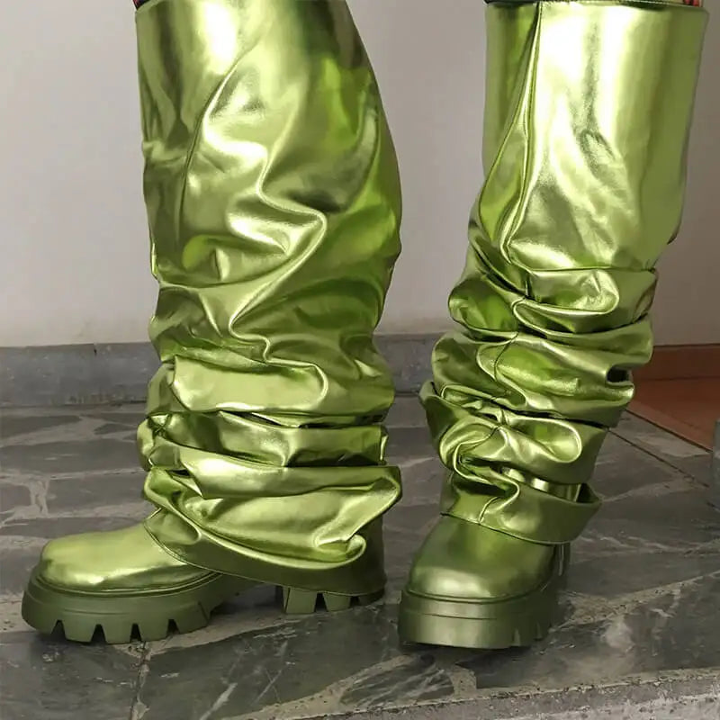 Onlymaker Women Green Round Toe Fold Over Boots Webs Fashion Handmade Female Mid-Calf Boots