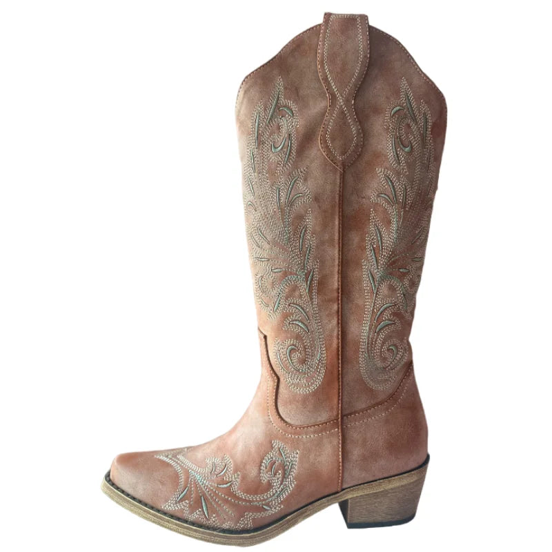 Onlymaker Women Embroidered Pull-on Cowboy  Western Boots  Mid Calf Block Heels Cowgirl Boots
