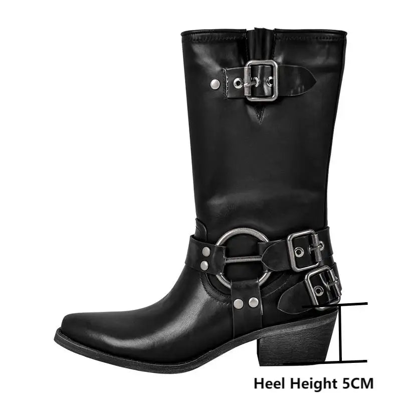 Onlymaker Women Pull on Metal Decor Buckle Low Block Heels Boots Wide Knee High Riding Cowgirl Harness Western Cowboy Boots