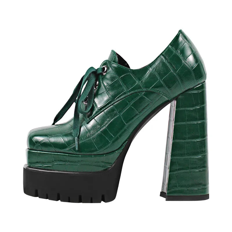 Women Pumps Double Platform Leather Patterned Lace Up Punk Fashion Shoes