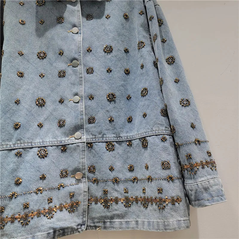 2026 Jeans Jacket Spring New Fashion Design Heavy Beaded Jacket For Women High Street Style Loose Denim Coat Female Trendy 11A08684