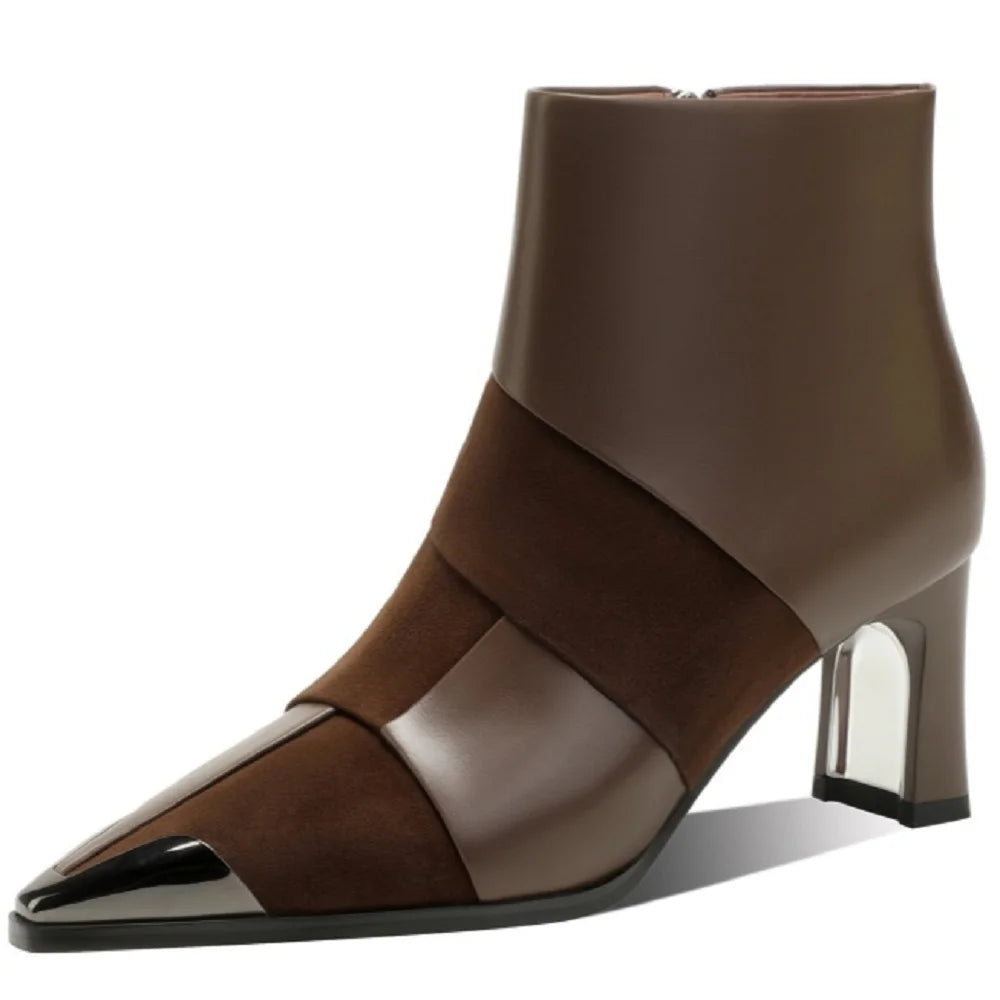 new Handmade cow leather mix color side zip pointed toe short booties high quality soft comfort shoes 34-40