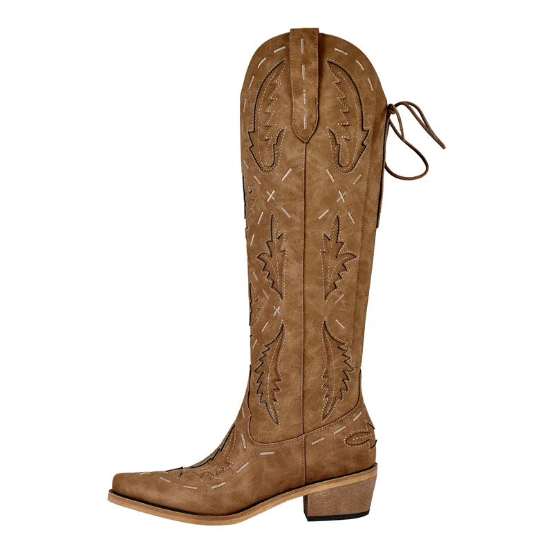 Onlymaker Women Cowgirl Boots Embroidery Lace-up Knee High Wide Calf Western Cowboy Boots
