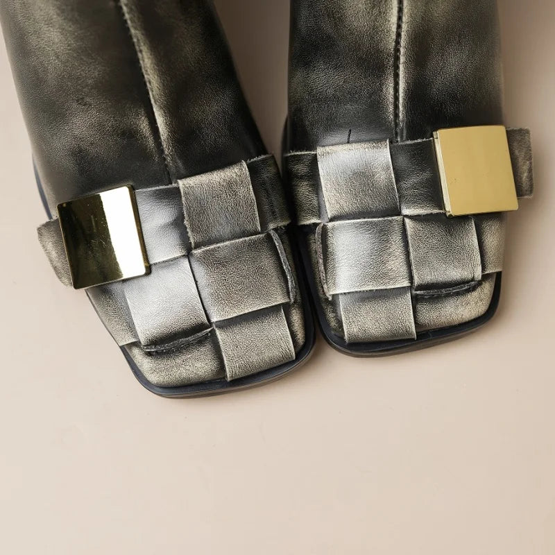New Brand Genuine Leather Metal Decor Woman Side Zipper Ankle Boots Chunky Heel Square Toe  Luxury Designer Shoes