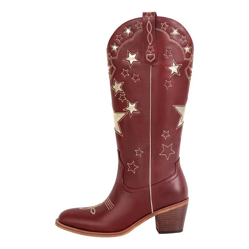 Onlymaker Women Pull-on Knee High Western Cowgirl Boots  Big Size Comfy Women White Stars Cowboy Boots