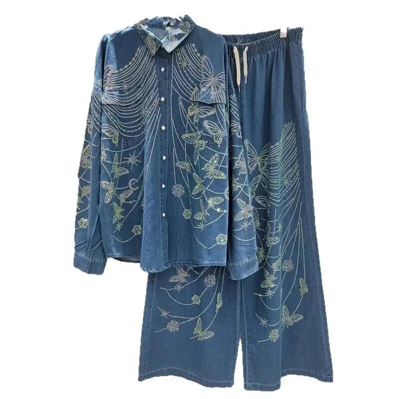 2026 Autumn New Heavy Industry Women's Two-pieces Set Diamond Design Denim Shirt Cardigan Loose Straight Casual Pants