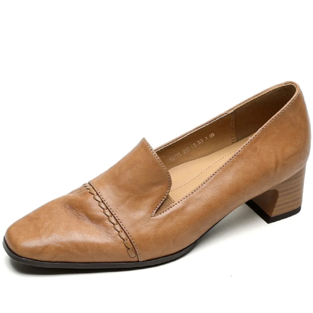 Woman Handmade Cowhide Real Leather Square Toe Mid Hells Soft comfortable Vintage Loafers Casual Walk Shoes 34-40