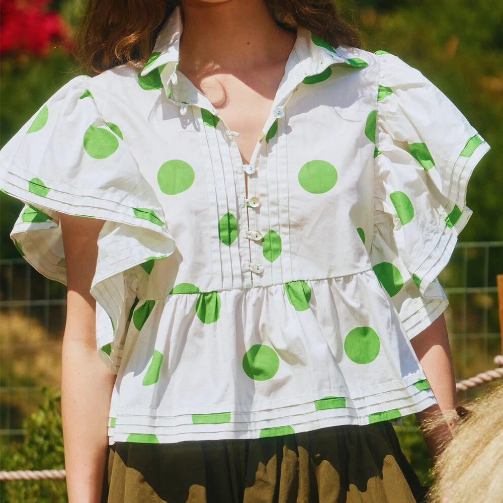 Women Vintage Polka Dot Short Ruffle Sleeves Tops Cute Button V Neck Pleated Cropped Babydoll Blouses Aesthetic Preppy Shirts