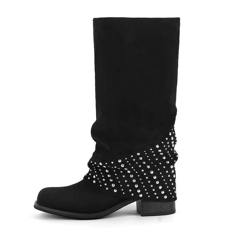Onlymaker Women Round Toe Flock Knee High Boots Block Heel Fashion Fold Over Boots