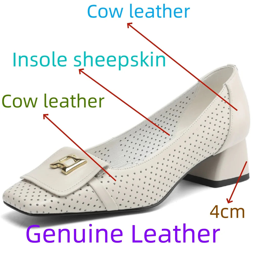 Woman Handmade Genuine Leather Square Head Solid Color Concise Single Shoes Mid Heels Shallow 34-41