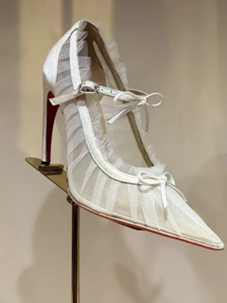 2026 Women's Summer Pointed Stiletto Lace Bow Sandals Fashion Fashion Show Party Wedding Ballet Women's High Heels