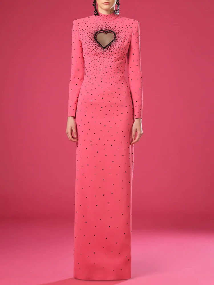 STREET Newest Fashion 2026 Designer Party Vestido Women's Heart Shaped Hollowed Out Backless  Diamonds Long Maxi Dress