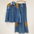 2026 Autumn New Fashion Design Denim Two-Piece Set For Women Heavy Rhinestone Shirt Elastic Waist Wide-leg Pants 11A05592