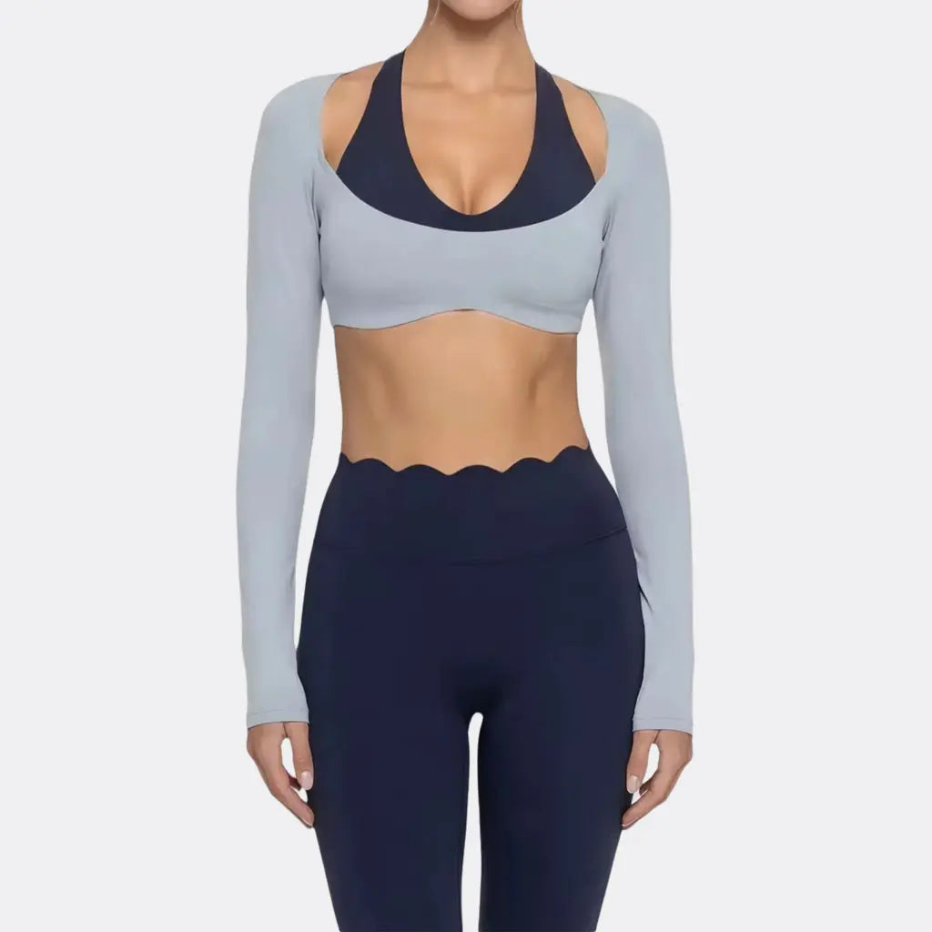 Women's Fake Two-Piece Sports Long Sleeve Halter Neck Pilates Yoga Shirt Slim Fit Fitness Sports Top Leggings Workout Tights