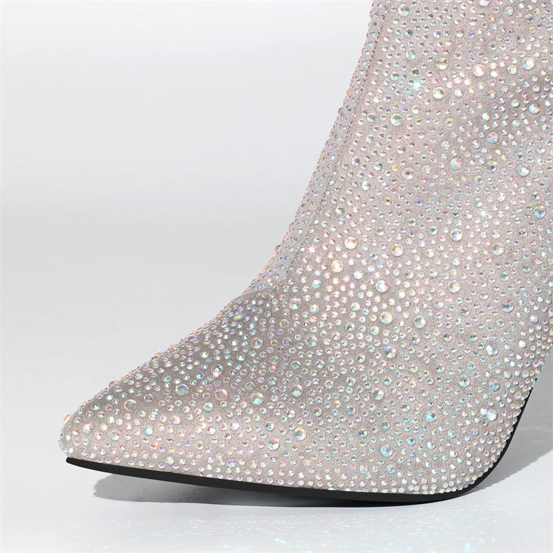 Onlymaker Women Fringe Rhinestones Bling Western Cowboy Boots Cowgirl Pointed Toe Block High Heel Side Zipper Knee High Boots