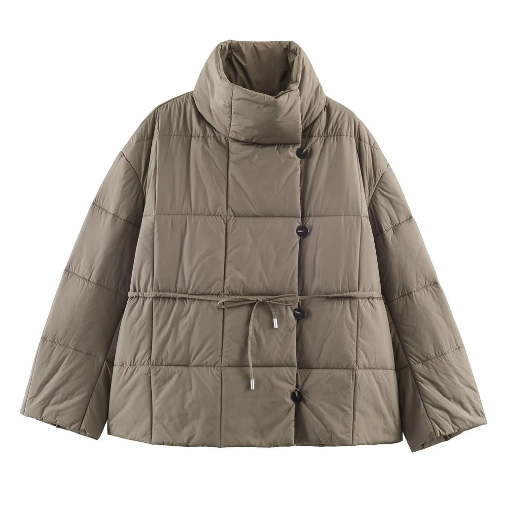 European and American style winter new women's clothing loose casual versatile stand up collar short with belt cotton jacket