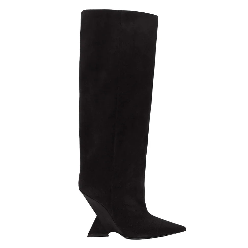 2025New European and American Women's Knee Boots Fashion Pointed Shaped High Heels Women's Large Long Sleeve Boots