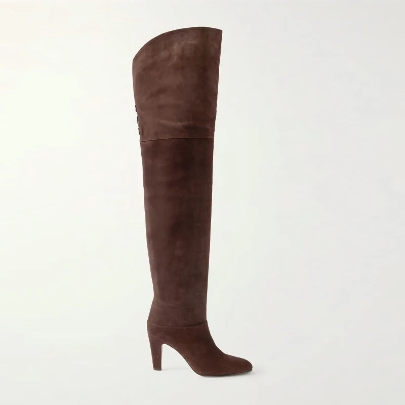 2026 Autumn and Winter Women's Thick High-heeled Knee High Boots, Round Headed Cowhide Suede Fashionable Women's Plus Size Boots