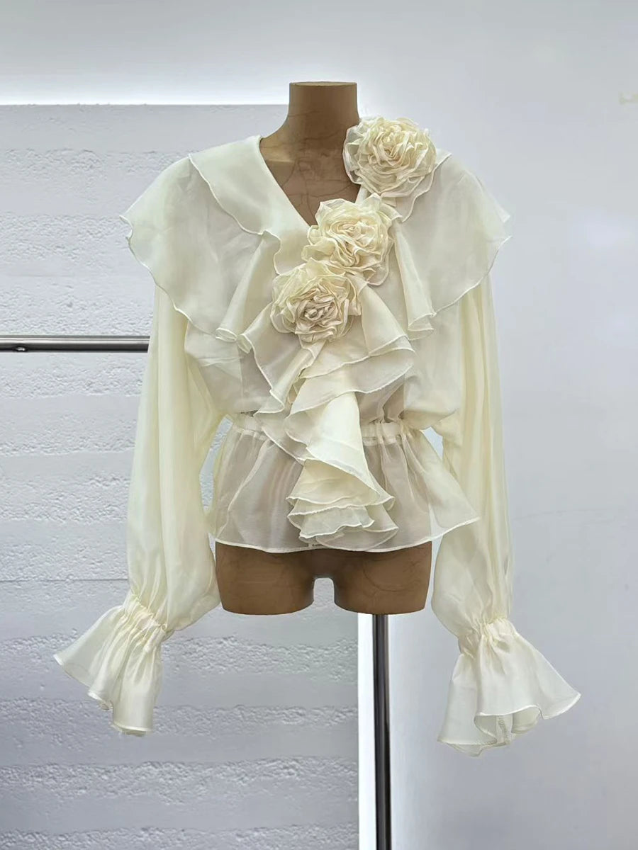 Solid Loose Spliced Fungus Folds Blouses for Women V Neck Long Sleeves Elastic Waist Casual Blouse Female Clothing