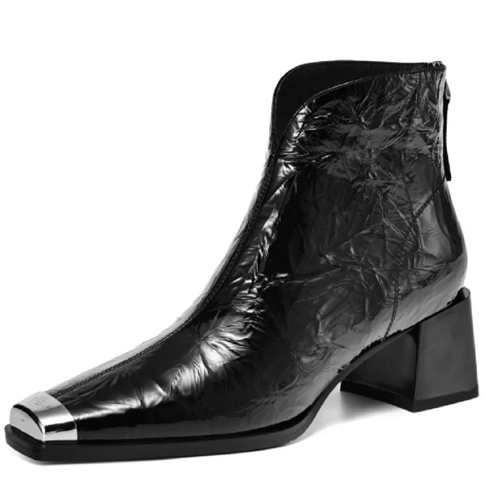 New Brand Handmade Genuine Leather Women Ankle Boots Square Toe  Zipper High Heels Pleated Design 34-40