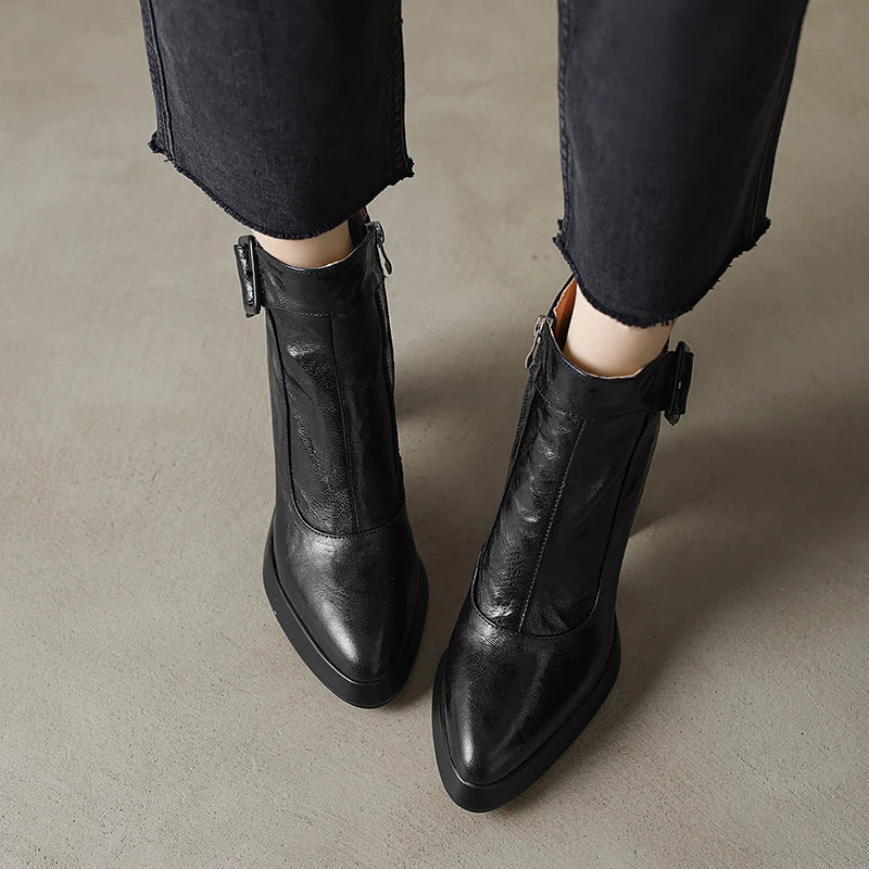Women Handmade Brand Genuine Leather Ankle Boots Chunky Block High Heels Buckle Pointed Toe Shoes