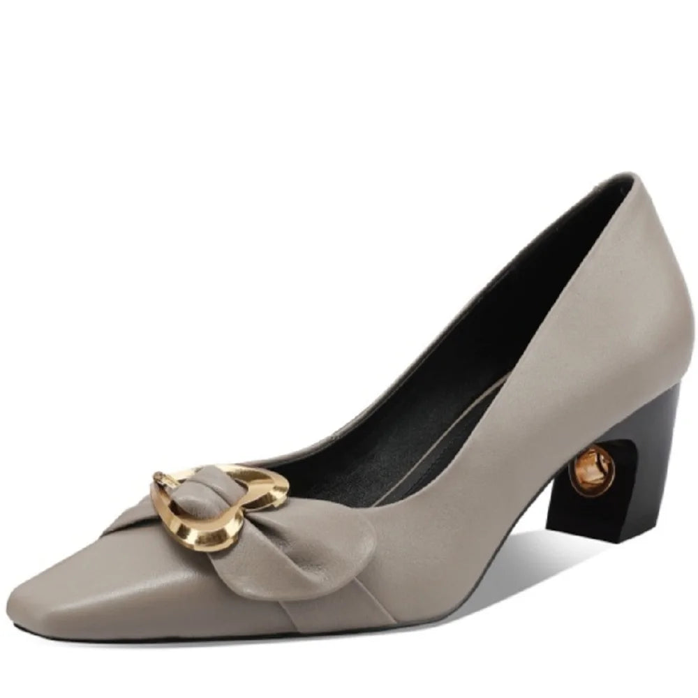 New High Quality Handmade Genuine Leather Shoes Pointed Head Shallow Mouth Mid Heels Women's Shoes 33-43