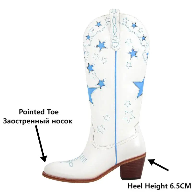 Onlymaker Women Pull-on Knee High Western Cowgirl Boots  Big Size Comfy Women White Stars Cowboy Boots