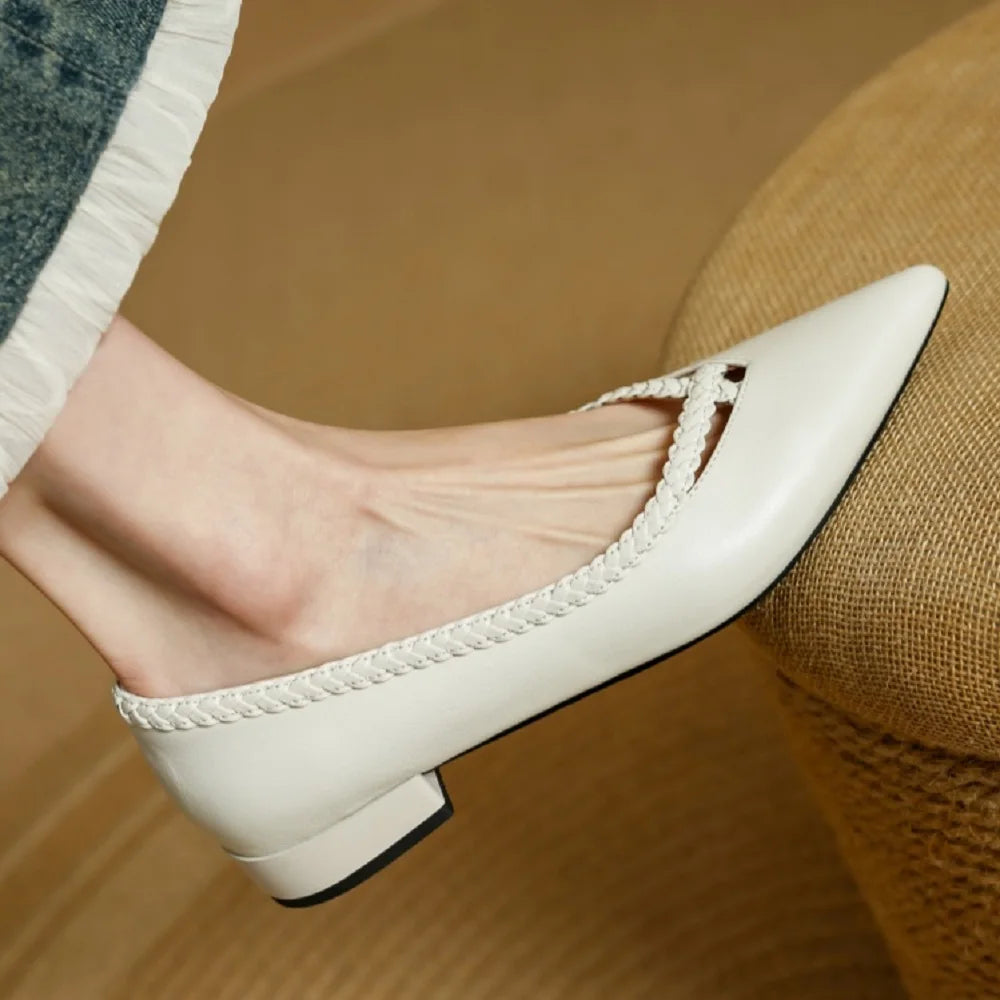 Women Handmade Cowhide Pointed Toe Low Heels Designs Shallow Loafers for Women Ladies Shoes 34-40