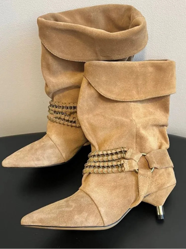 Women's Autumn and Winter New 5cm Slim Heel Fringed Calf Boots with Pointed Pleats, Women's Knight Boots, Mid Leg Boots