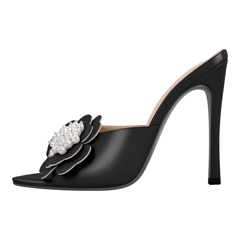 Women Peep Toe Mules Flower Pearl Pointed Toe Big Size Stiletto Mules