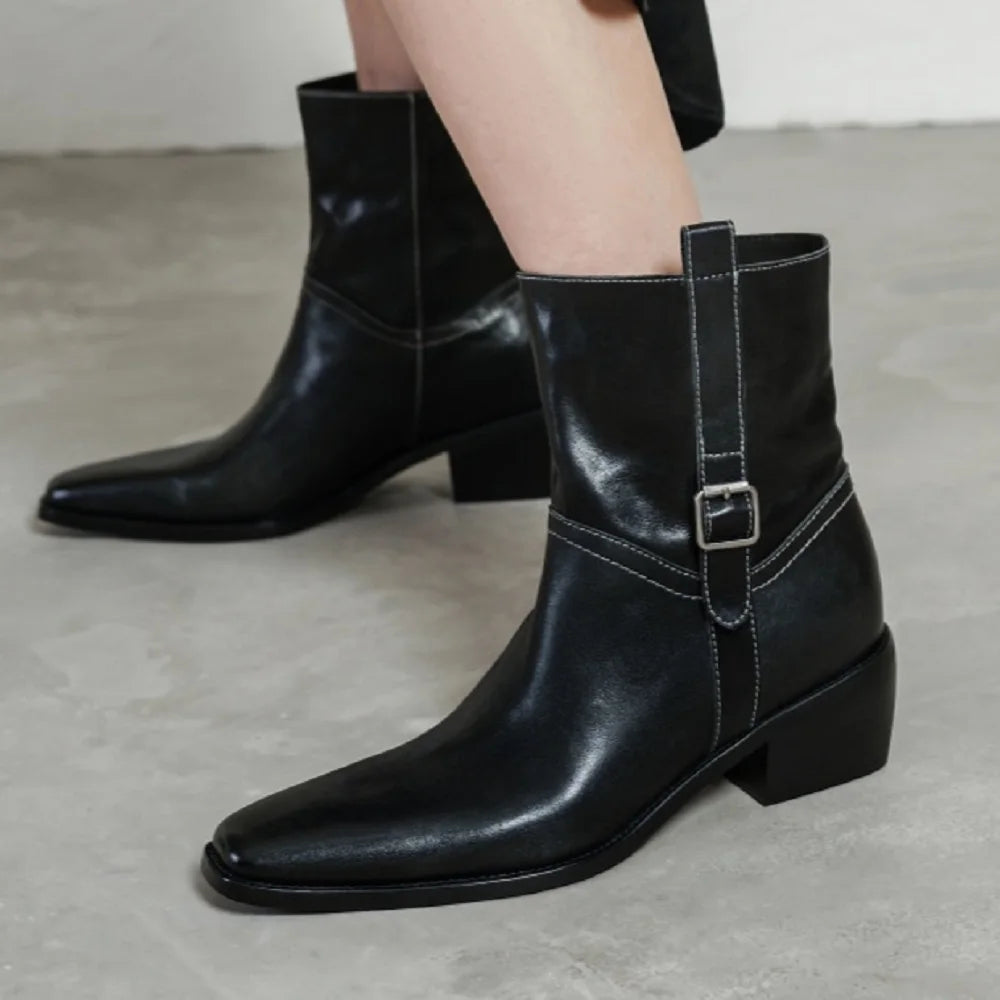 Handmade Genuine Leather Soft comfortable Ankle Boots Women New High Quality Square Mid Heel Boots Shoes 34-40