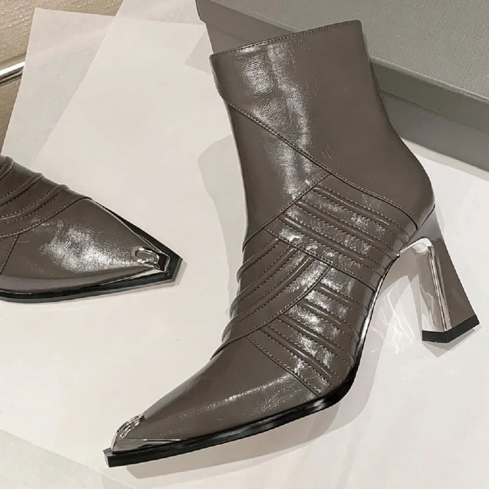 New Women Handmade Genuine Leather Ankle Boot Short Pointed Toe Thin High Heels Winter Modern Ladies Shoes 33-40