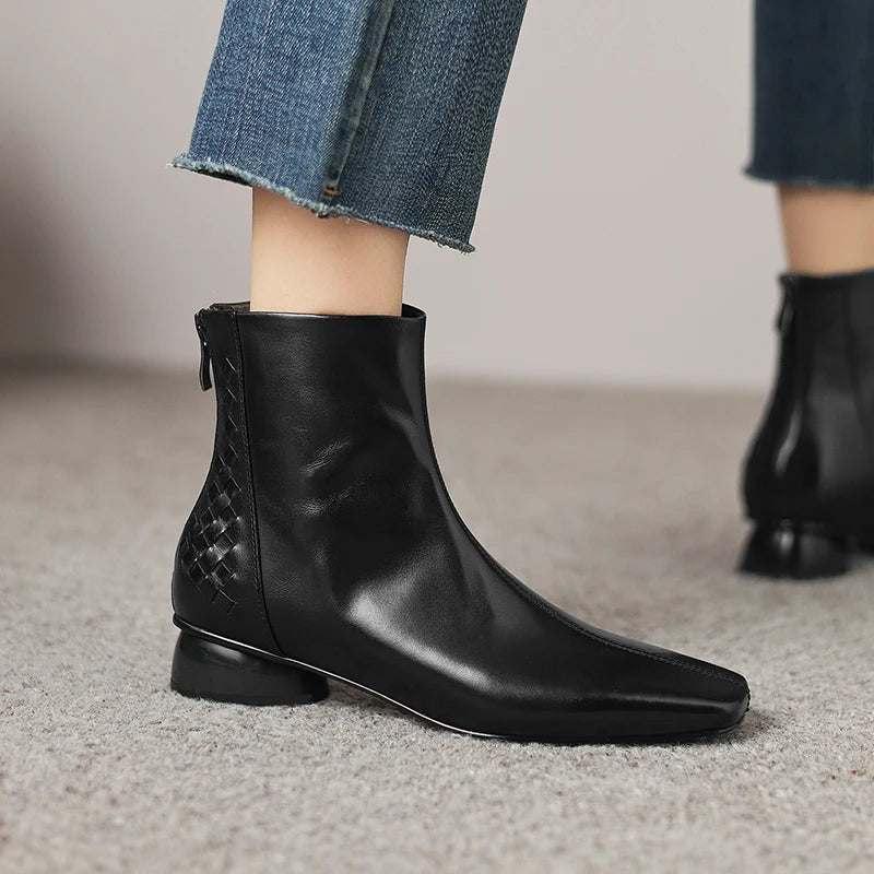 Women Handmade Genuine Leather square toe side zip ankle boot elegant ladies Mid heel daily slim dress 34-40