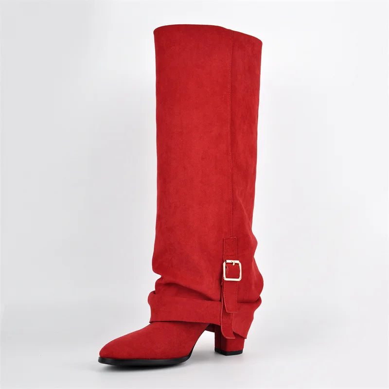 Onlymaker Women Round Toe Red Faux Suede Buckle Fold Over Knee High Boots Retro Chunky Heel Pull On Knee High Boots